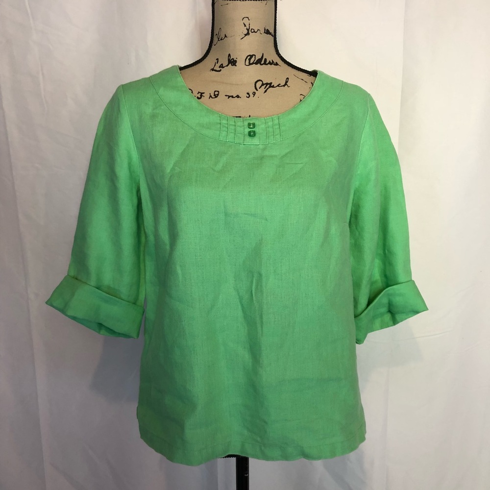Choices sz s green 3/4 sleeve top linen peasant - Picture 2 of 7